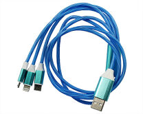 Кабель 3в1 светящийся Lightning+Type-C+microUSB - USB синий 
